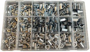 Sortiment Blindmutter, rillet, 6-kant og alu. 390-deler