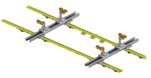 Spanesi langs og tverrgående skinnesystem for oppspenning